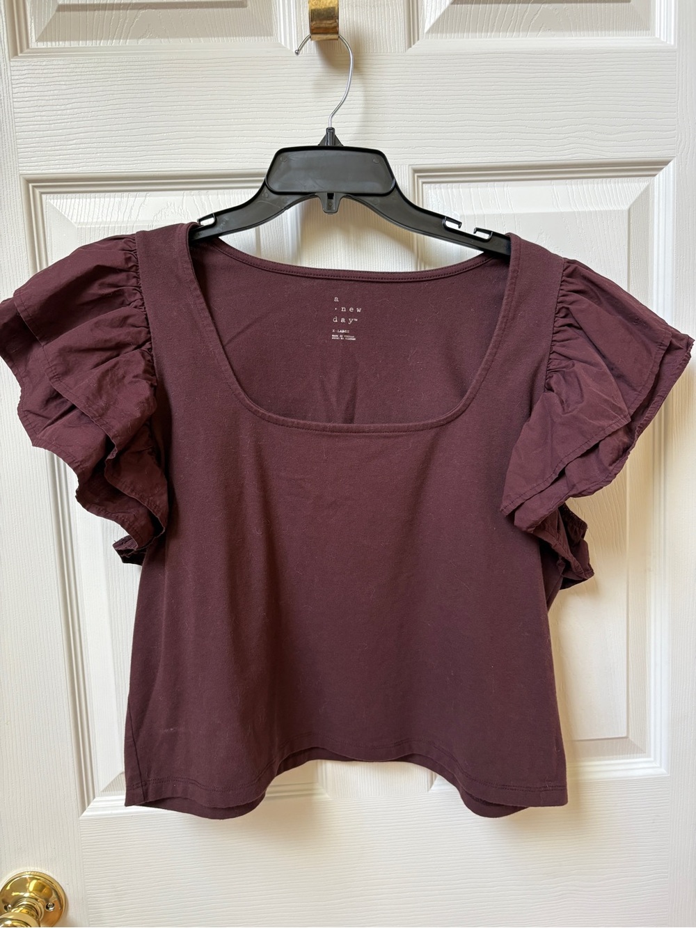 a new day Short Sleeve Ruffle Scoop Top - Brown